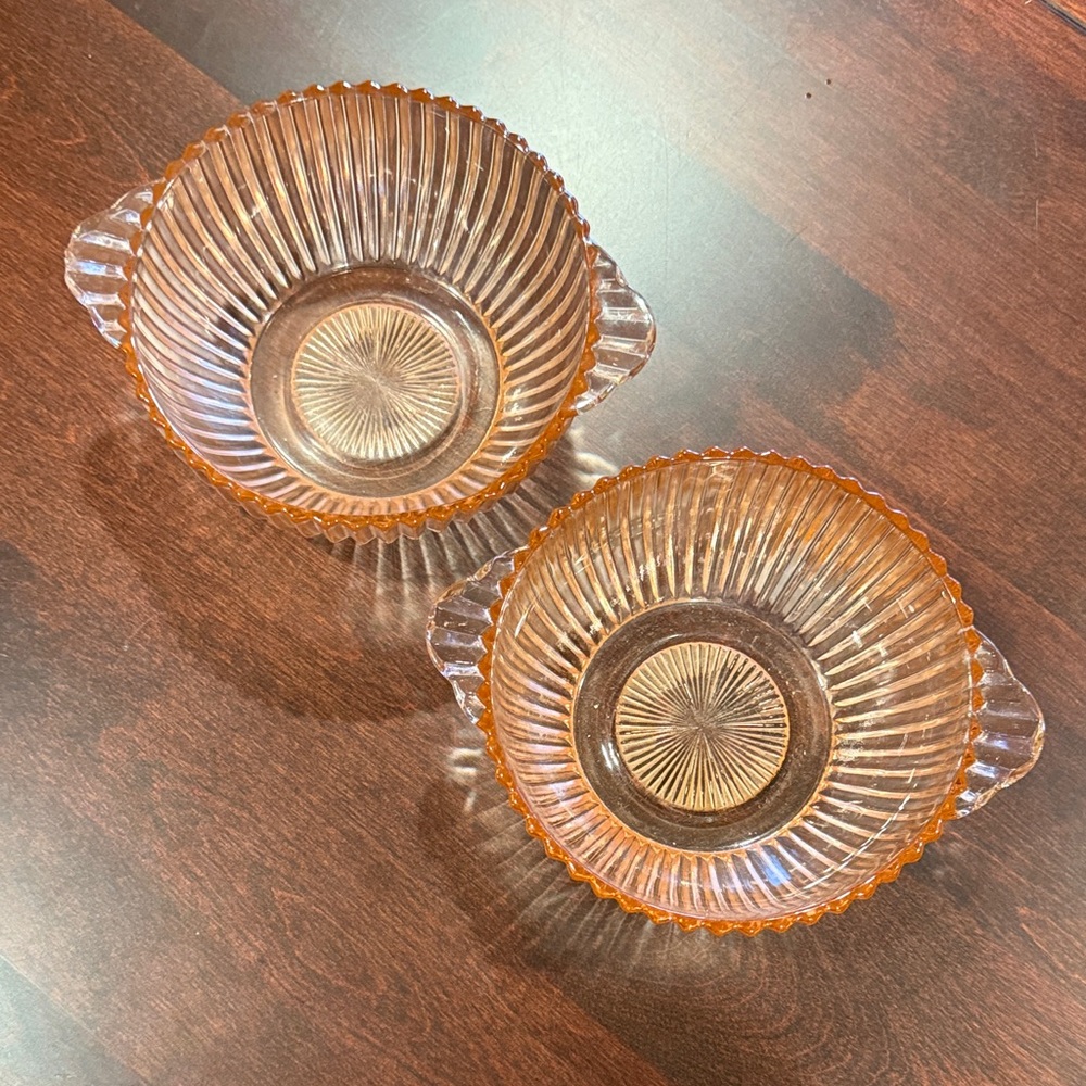2 Vintage Pink Depression Glass Bowls with Handles